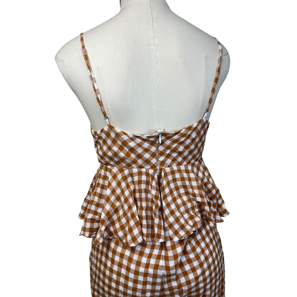 Anthropologie Brown & White Gingham Tie-Front Wide-Leg Jumpsuit - Picture 8 of 11
